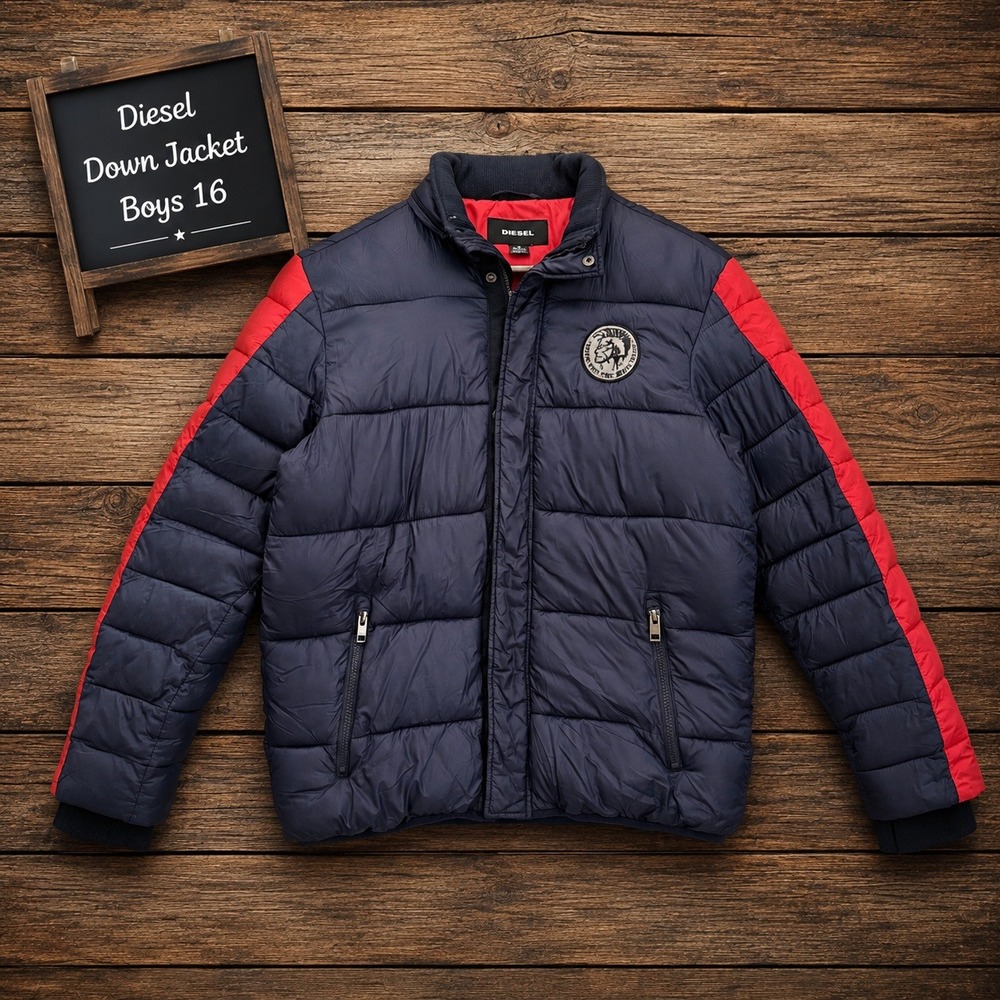 Diesel Boys 16 Down Puffer Jacket Navy Red Removable Hood Logo Patch READ